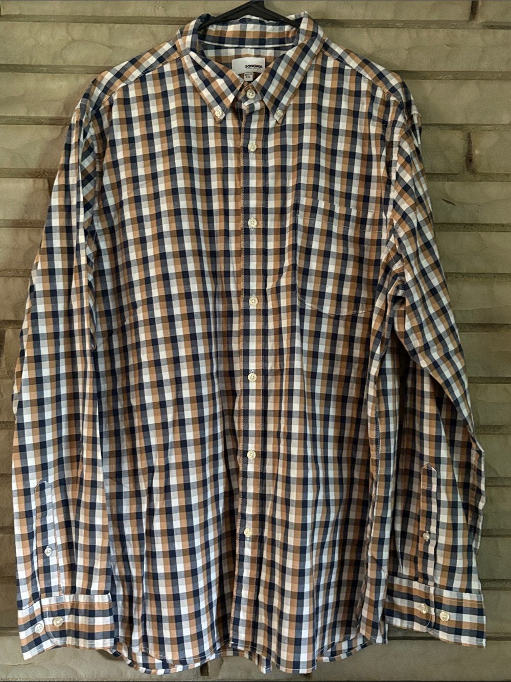 Sonoma Men's Navy, Brown & White Plaid Button-Down Shirt